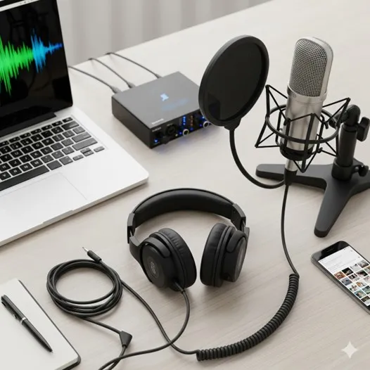 A microphone with a pop filter, headphones, and audio interface placed on a desk alongside a laptop displaying sound waves