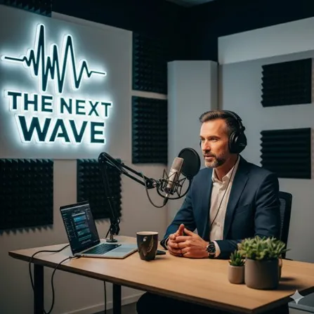 A person in a suit sits at a podcasting desk with a microphone, coffee cup, and a plant.