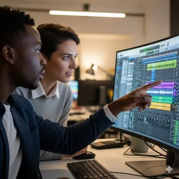 Two individuals collaborate in a modern workspace, analyzing podcasting software and colorful sound waveforms on a large computer monitor